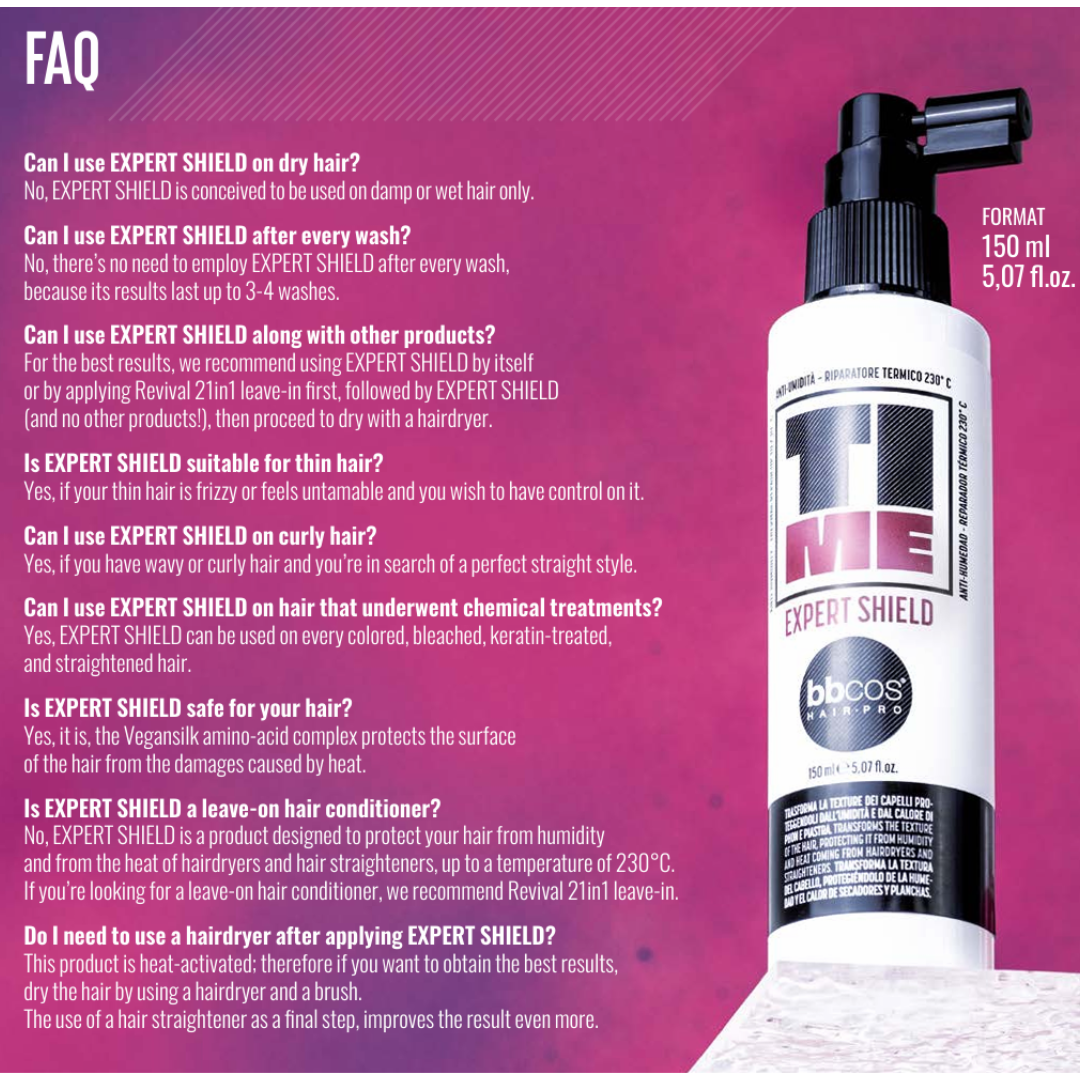 BBcos Expert Shield hair product with FAQ text on a pink background
