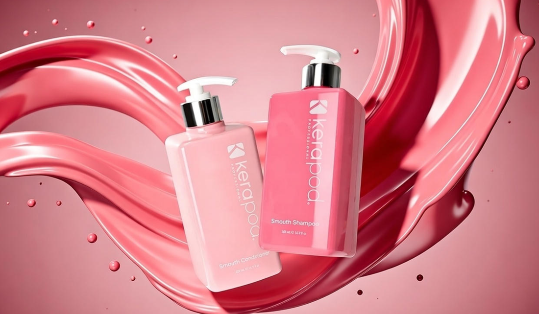 Kerapod Smooth Shampoo and Conditioner with Pink Liquid Background