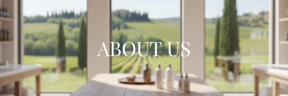 Modern kitchen with a view of vineyards and the text 'ABOUT US'.