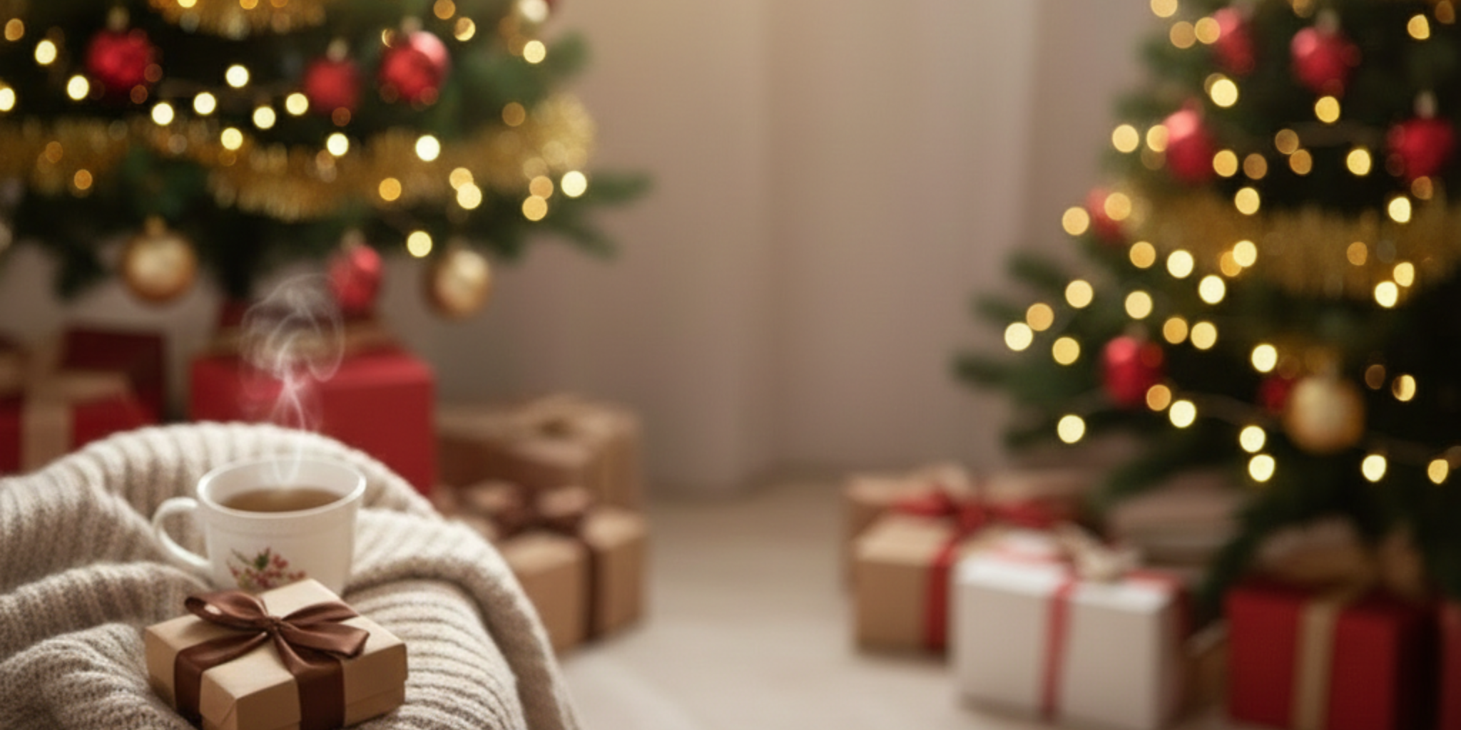 Cozy living room with Christmas trees, presents, and a cup of coffee.