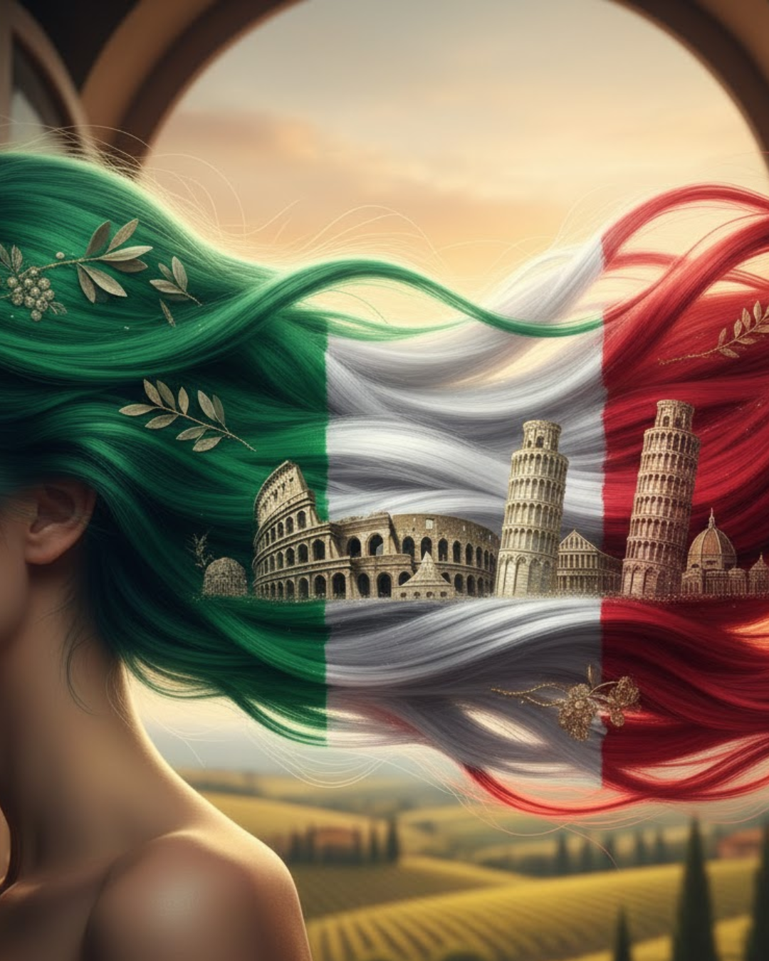 Flag of Italy with landmarks and a woman's head representing italian haircare.